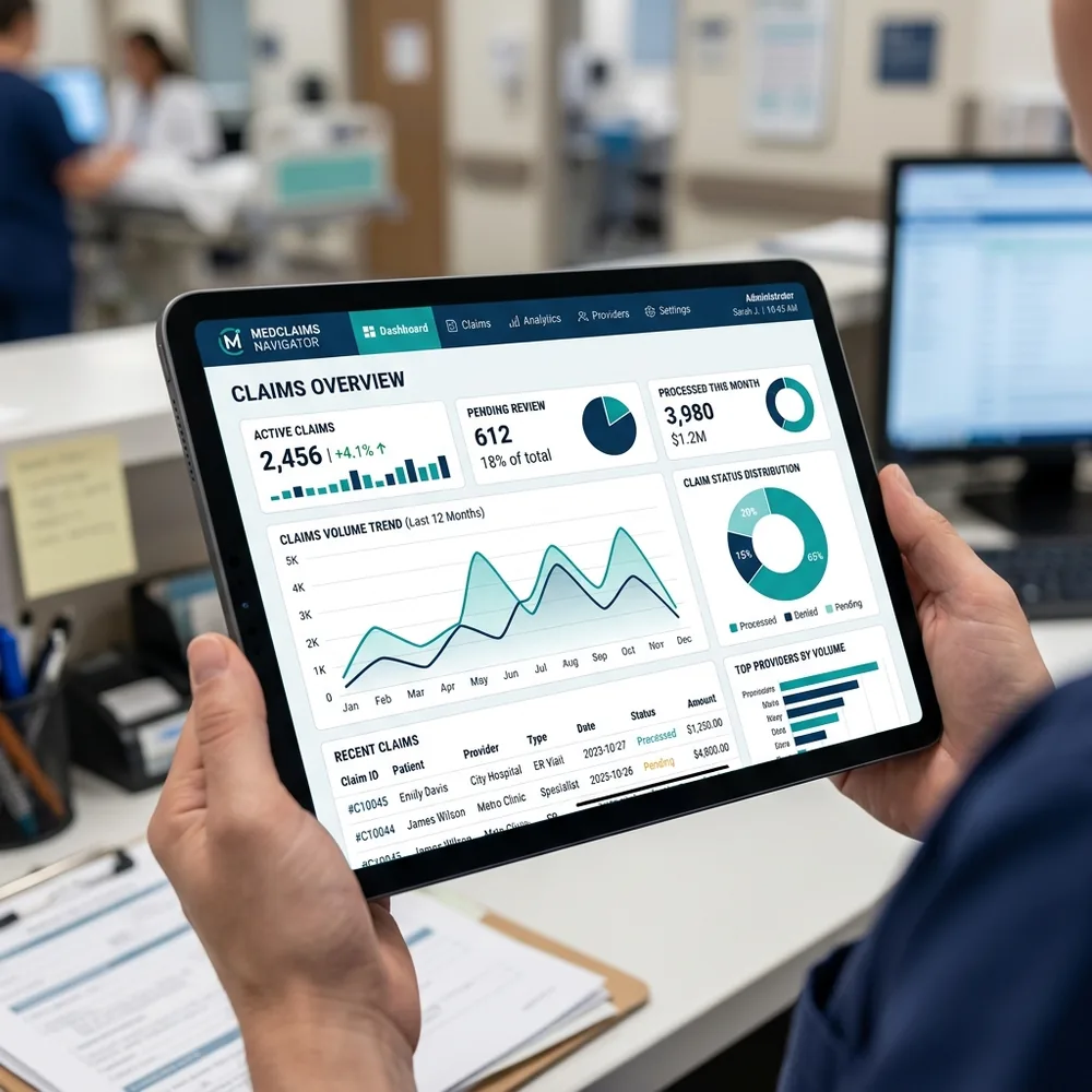 AxioRCM claims tracking dashboard on a tablet